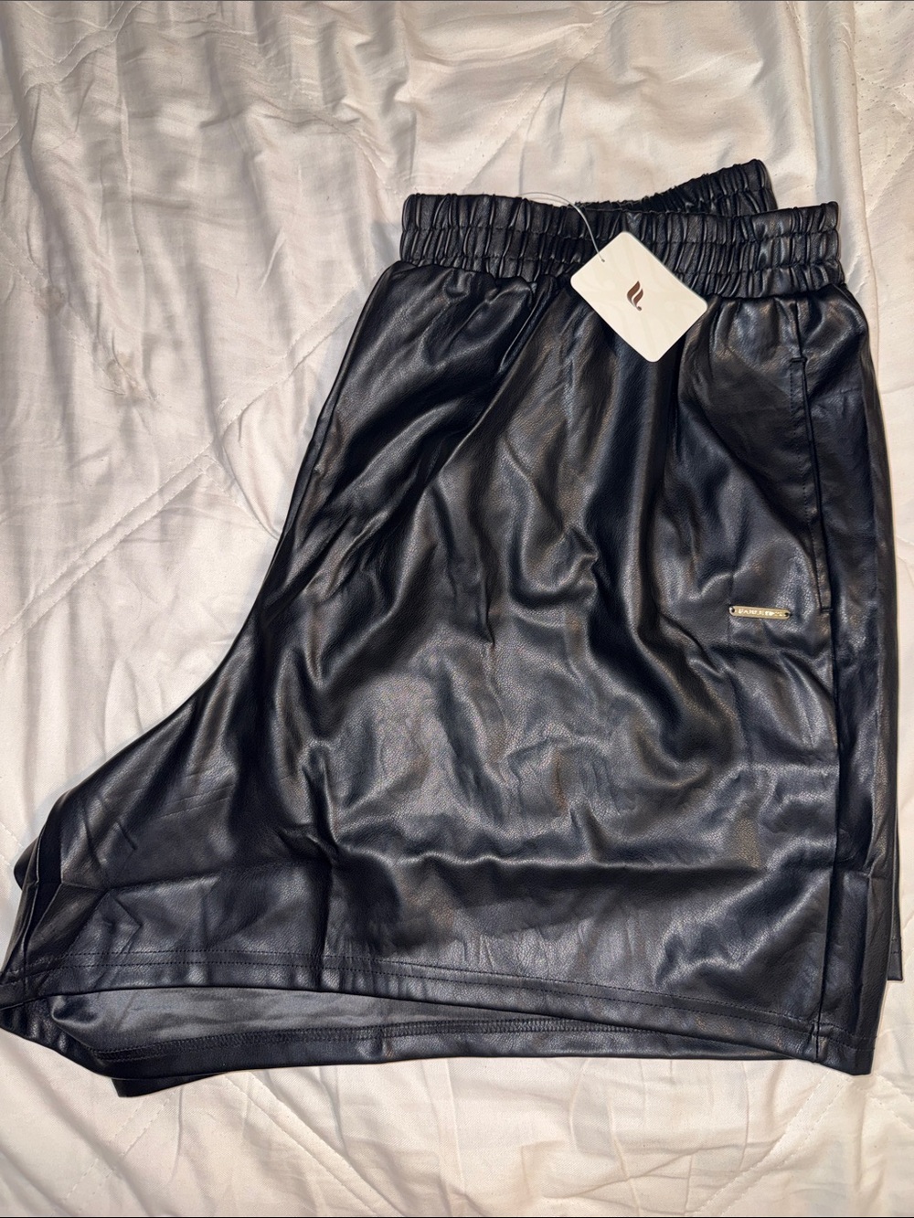 Fabletics Black Faux Leather Shorts with Elastic Waist